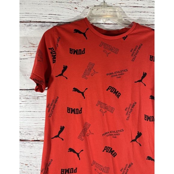 Puma Logo T-Shirt Tee Boys Size Large Red Short Sleeve Athletic Spell Out Cotton - Picture 3 of 7
